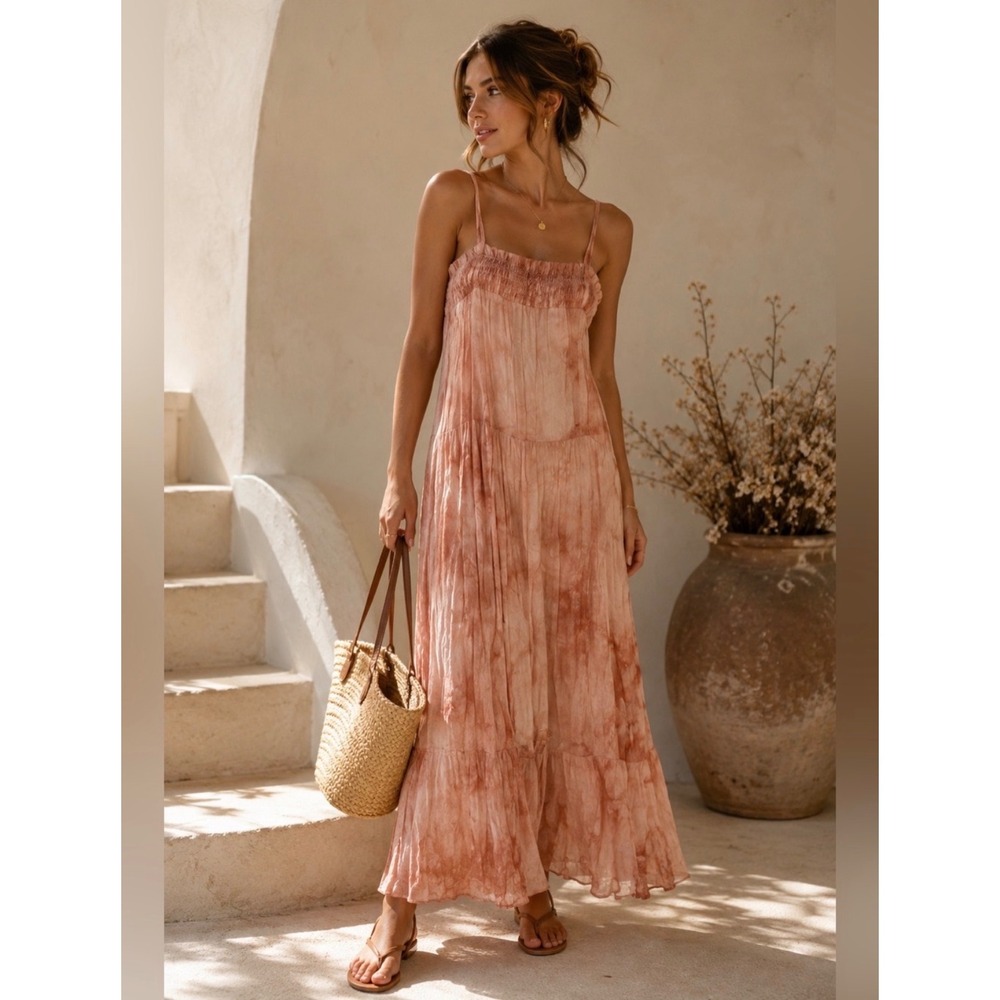 By the River Peach Tie Dye Smocked Tiered Maxi Dress Large Boho Summer Dress